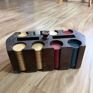 Lot of Vintage Clay Plain Poker Chips with Wood Carousel